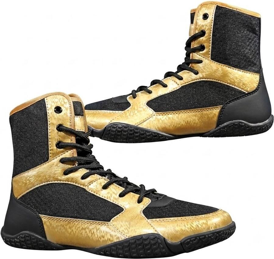 NUVEX Zwart goud boksschoenen heren hoge trainingsschoenen met veters rubberen zool indoor sportschoenen wedstrijd schoenen vechtsport schoenen wrestling schoenen