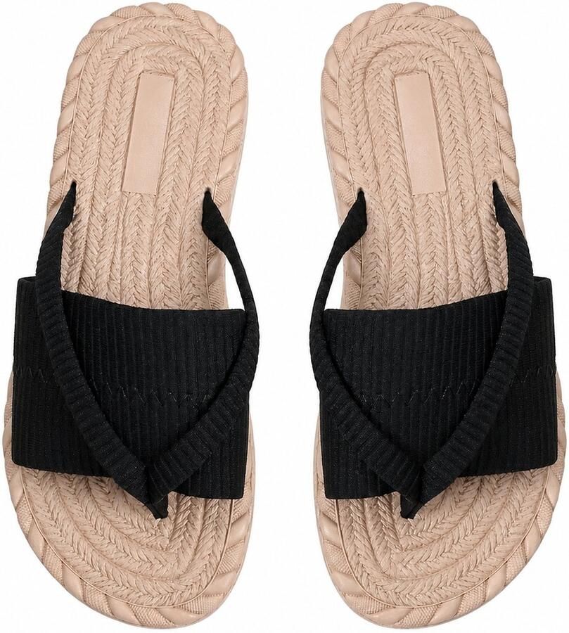 NUVEX Zwart teenslippers dames met brede gekruiste band instap slippers met gevlochten zoollook open teen casual zomerslippers