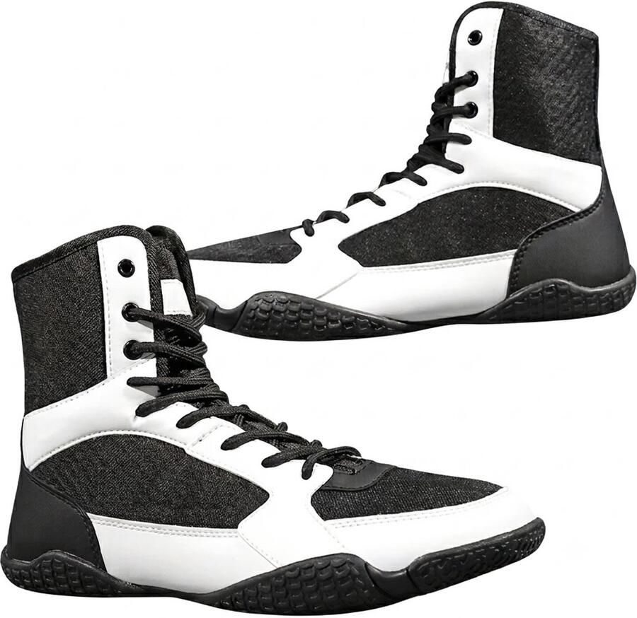 NUVEX Zwart wit boksschoenen heren hoge trainingsschoenen met veters rubberen zool indoor sportschoenen wedstrijd schoenen wrestling schoenen