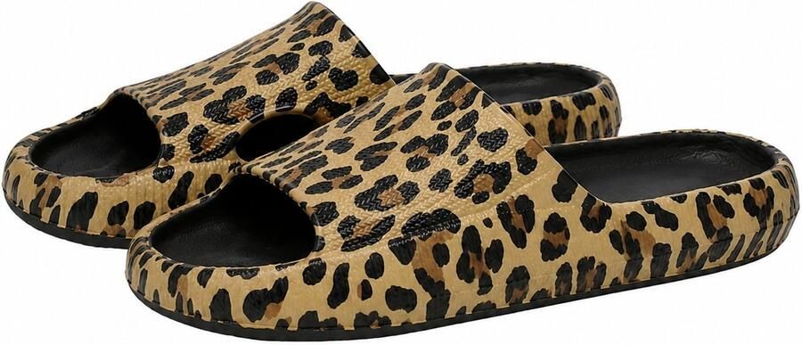 NUVEX Zwarte badslippers dames EVA instap slippers luipaard print antislip open teen lichtgewicht zacht zool douche slippers strand slippers geschikt voor binnen en buiten
