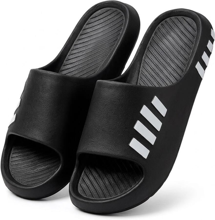 NUVEX Zwarte badslippers en instap slippers antislip dik zool zacht voetbed open teen douche slippers strand slippers casual slippers geschikt voor binnen en buiten