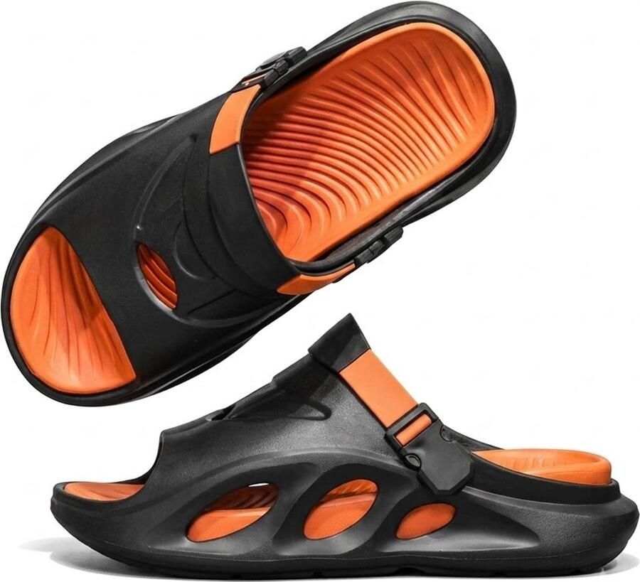 NUVEX Zwarte badslippers unisex EVA slippers met verstelbare hielband open teen antislip instap slippers voor en zachte zool voor binnen buiten badkamer douche zwembad strand casual