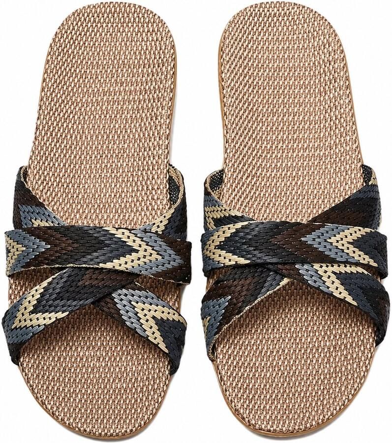 NUVEX Zwarte dames pantoffels linnen instap slippers bohemian kruislings geweven banden open teen huis slippers zomer