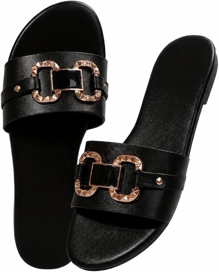 NUVEX Zwarte dames slippers instap sandalen open teen lage hak casual zomer slippers decoratieve gesp comfortabele slippers geschikt voor binnen en buiten