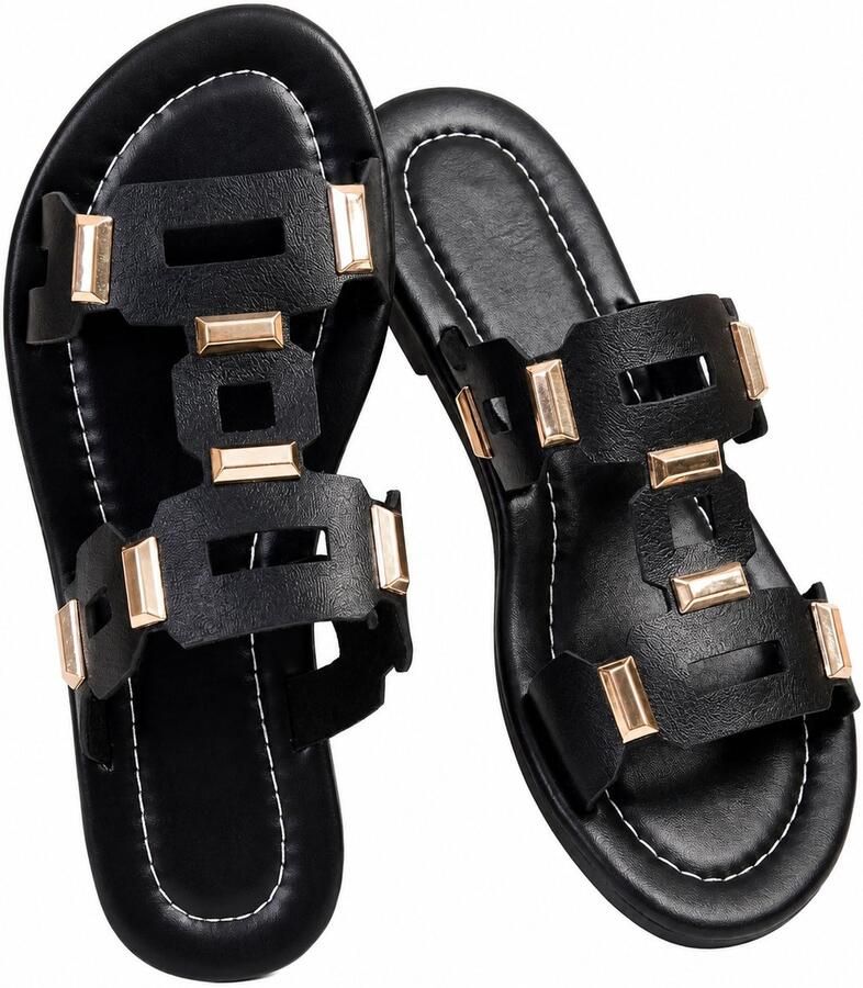 NUVEX Zwarte dames slippers platte instap sandalen open teen met goudkleurige metalen details casual zomer slippers voor strand vakantie en dagelijks gebruik