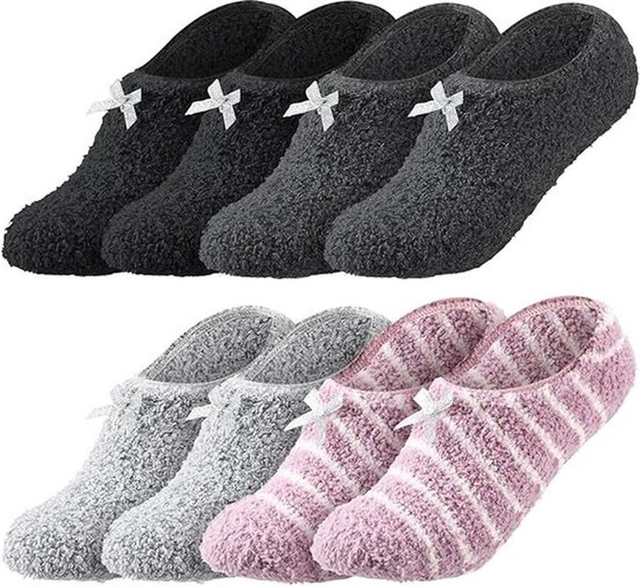 OBOSOE 4 Paar Pluizige Pantoffelsokken Dames Winter Antislip Zachte Warme Sokken Met Antislip Textuur Geschikt Voor Binnenshuis (Zwart + Donkergrijs + Lichtgrijs + Roze Paars)