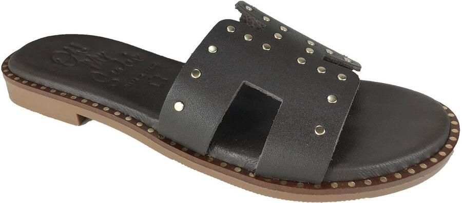 OH MY SANDALS 5840 donkerbruine leren slipper met studs Bonne Shoe