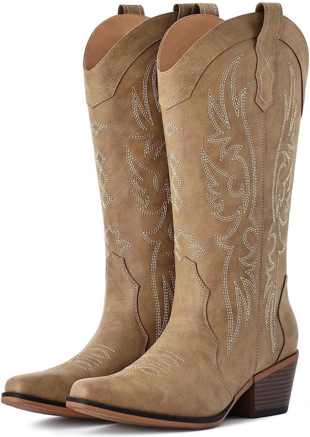 Homaxy Cowboylaarzen Dames Western laarzen dames Middenhoge Laarzen met Borduurwerk Geschikt voor brede voeten kaki- 37.5 Geschikt voor voetlengte van