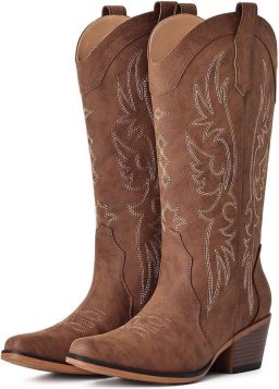 Homaxy Cowboylaarzen Dames Western laarzen dames Middenhoge Laarzen met Borduurwerk Geschikt voor brede voeten roestbruin- 39 Geschikt voor voetlengte van