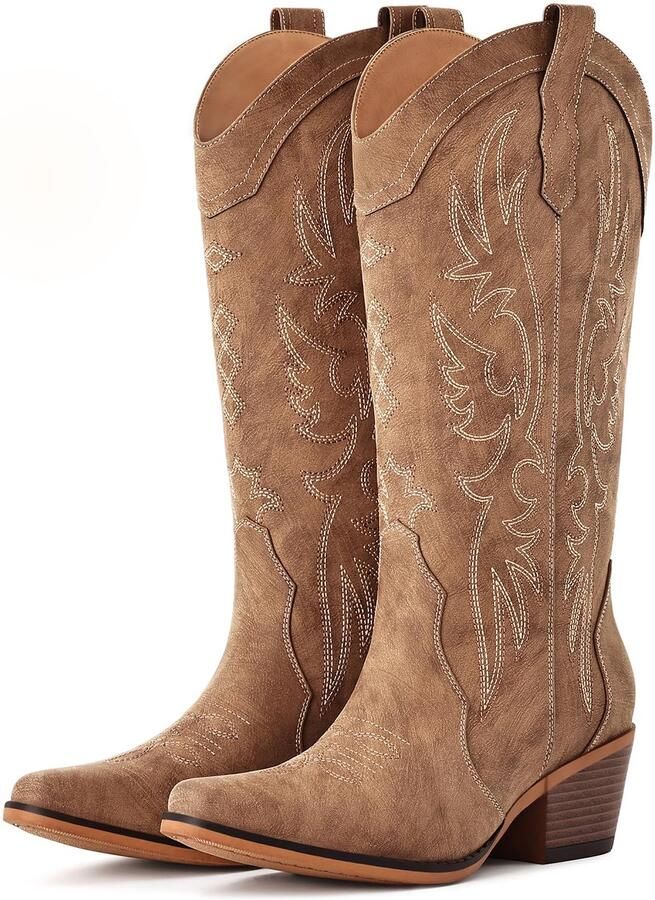 Homaxy Cowboylaarzen Dames Western laarzen dames Middenhoge Laarzen met Borduurwerk Geschikt voor brede voeten bruin- 38.5 Geschikt voor voetlengte van