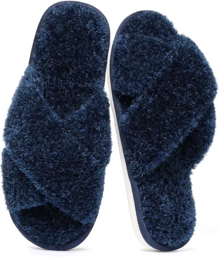 OLANLY Dames pluche slippers kruisbandsloffen voor warmte open teen huisslippers donkerblauw 37-38 geschikt voor een voetlengte van