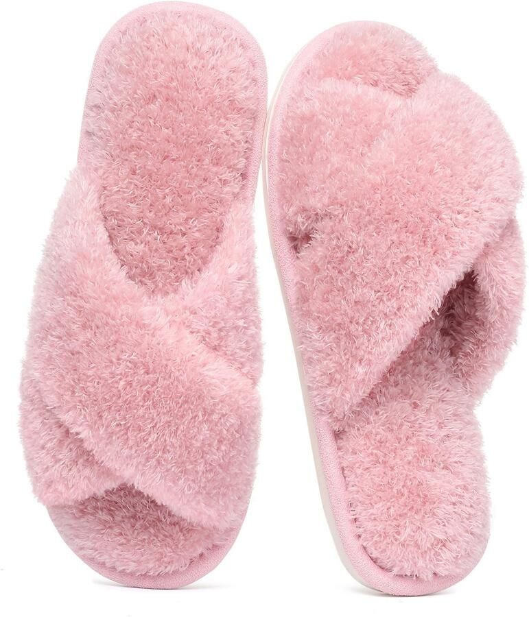 OLANLY Dames pluche slippers kruisbandsloffen voor warmte open teen huisslippers Roze 41-42 geschikt voor een voetlengte van