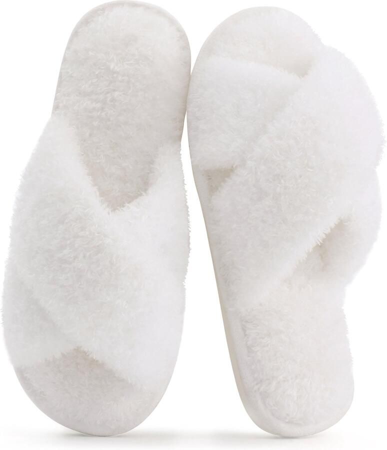 OLANLY Dames pluche slippers kruisbandsloffen voor warmte open teen huisslippers wit 39-40 geschikt voor een voetlengte van