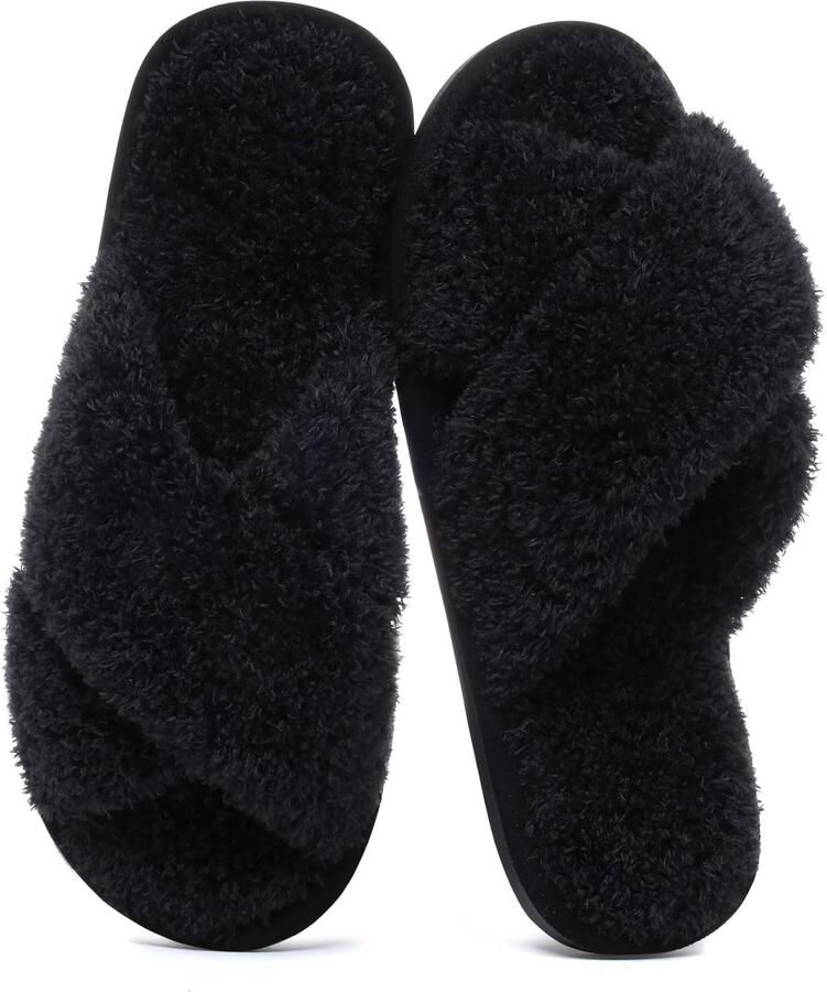 OLANLY Dames pluche slippers kruisbandsloffen voor warmte open teen huisslippers zwart 41-42 geschikt voor een voetlengte van