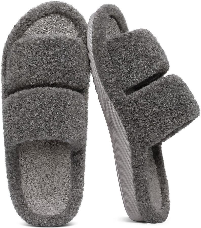 OLANLY Dames pluche slippers open teen slippers huisslippers met boogondersteuning grijs 39 geschikt voor voetlengte
