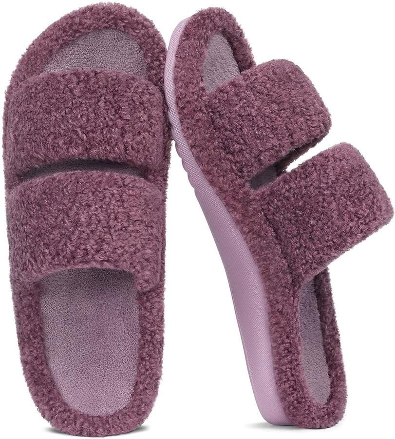 OLANLY Dames pluche slippers open teen slippers huisslippers met boogondersteuning Paars 39 geschikt voor voetlengte