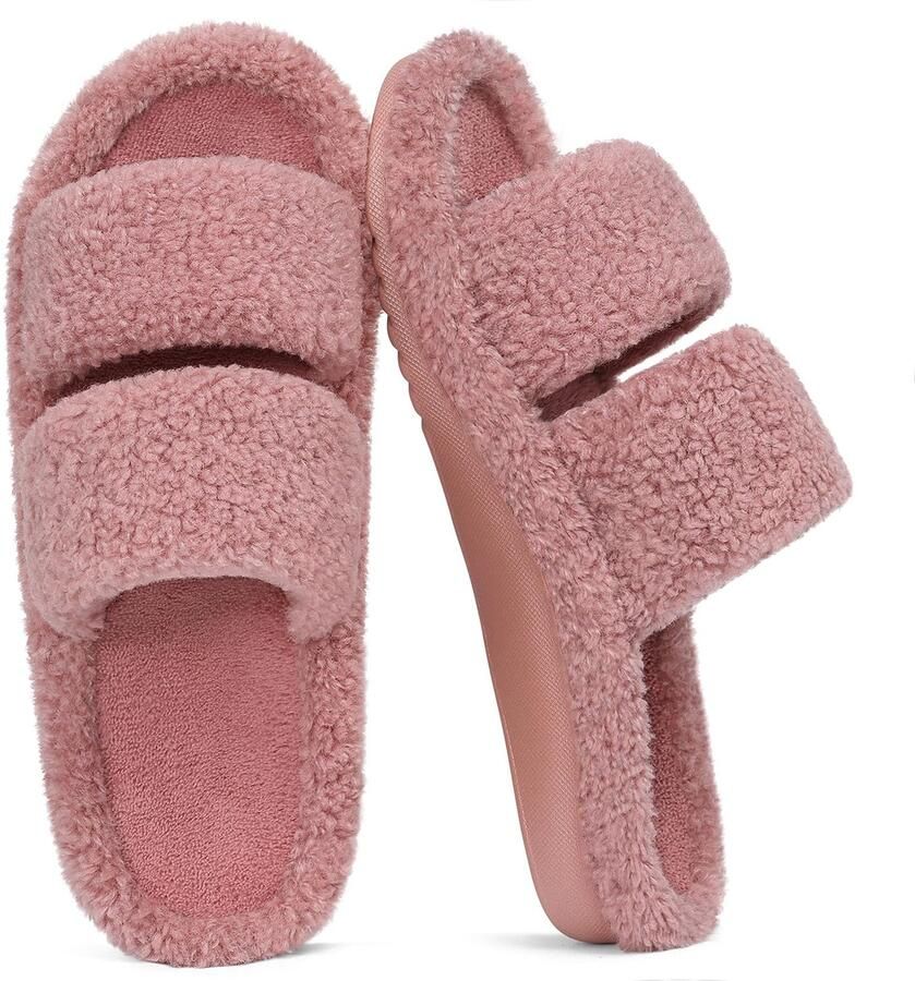 OLANLY Dames pluche slippers open teen slippers huisslippers met boogondersteuning Roze 41 geschikt voor voetlengte