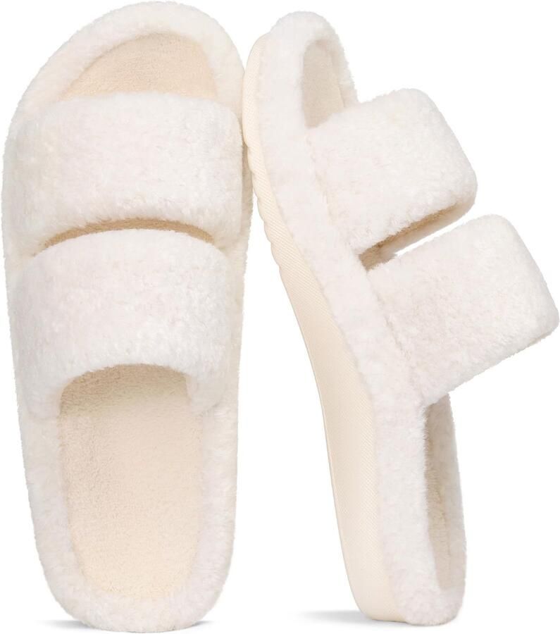 OLANLY Dames pluche slippers open teen slippers huisslippers met boogondersteuning wit 38 geschikt voor voetlengte