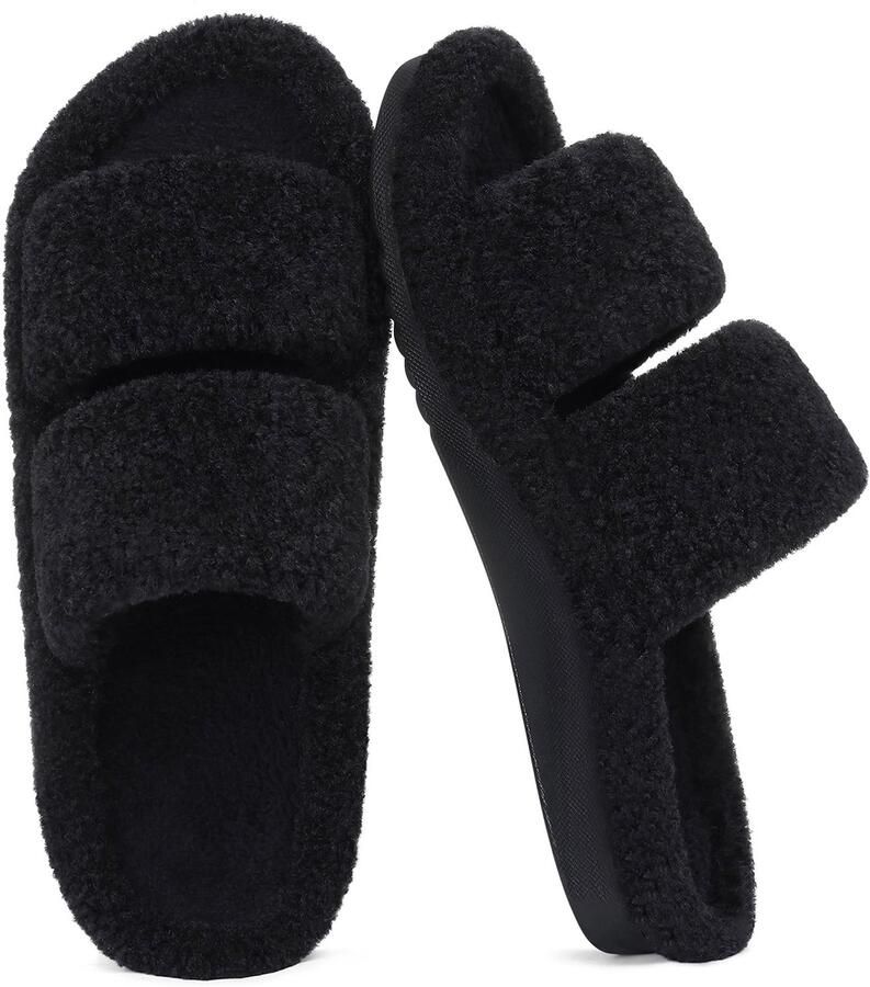 OLANLY Dames pluche slippers open teen slippers huisslippers met boogondersteuning zwart 40 geschikt voor voetlengte