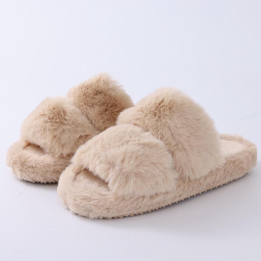 OLANLY Dames pluche slippers open teen slippers zachte en comfortabele huisslippers abrikooskleurig 42-43 geschikt voor voetlengte