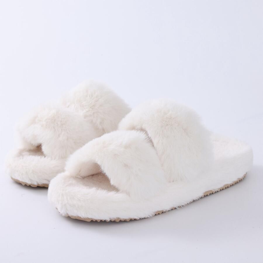 OLANLY Dames pluche slippers open teen slippers zachte en comfortabele huisslippers wit 38-39 geschikt voor voetlengte