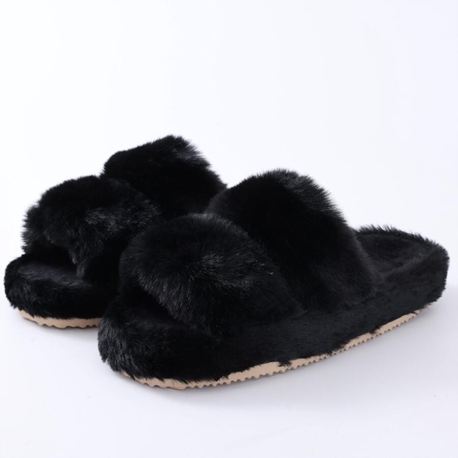 OLANLY Dames pluche slippers open teen slippers zachte en comfortabele huisslippers zwart 42-43 geschikt voor voetlengte