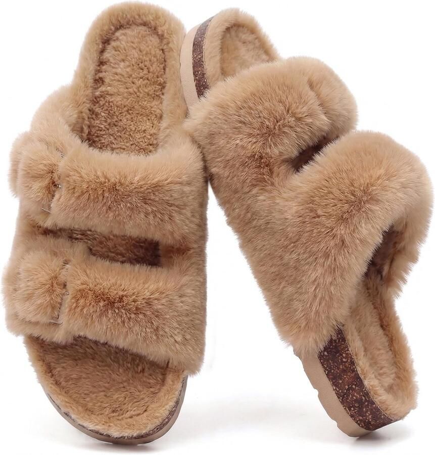 OLANLY Dames slippers nep konijnenvacht pluche slippers comfortabele sloffen kurken inlegzool Khaki 40 Geschikt voor voeten van