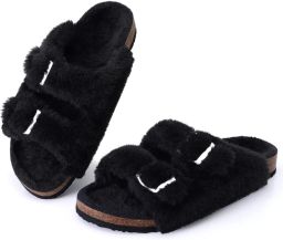 Homaxy Dames slippers nep konijnenvacht pluche slippers comfortabele sloffen kurken inlegzool zwart 40 Geschikt voor een voetlengte van