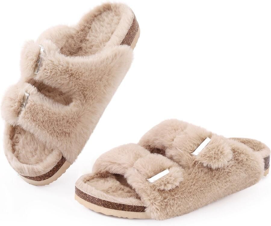OLANLY Dames slippers nep konijnenvacht pluche slippers comfortabele sloffen kurken inlegzool camel 37 Geschikt voor voeten van