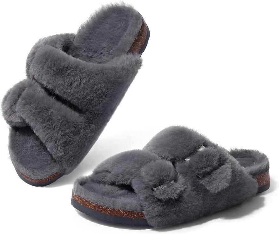 OLANLY Dames slippers nep konijnenvacht pluche slippers comfortabele sloffen kurken inlegzool donkergrijs 41 Geschikt voor voeten van