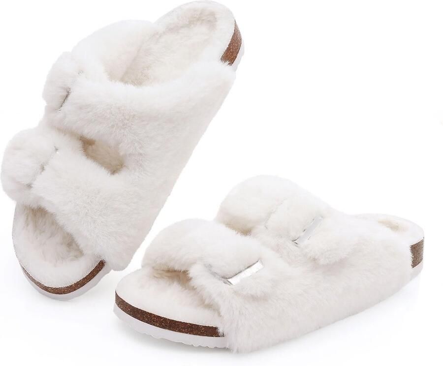 OLANLY Dames slippers nep konijnenvacht pluche slippers comfortabele sloffen kurken inlegzool wit 36 Geschikt voor voeten van