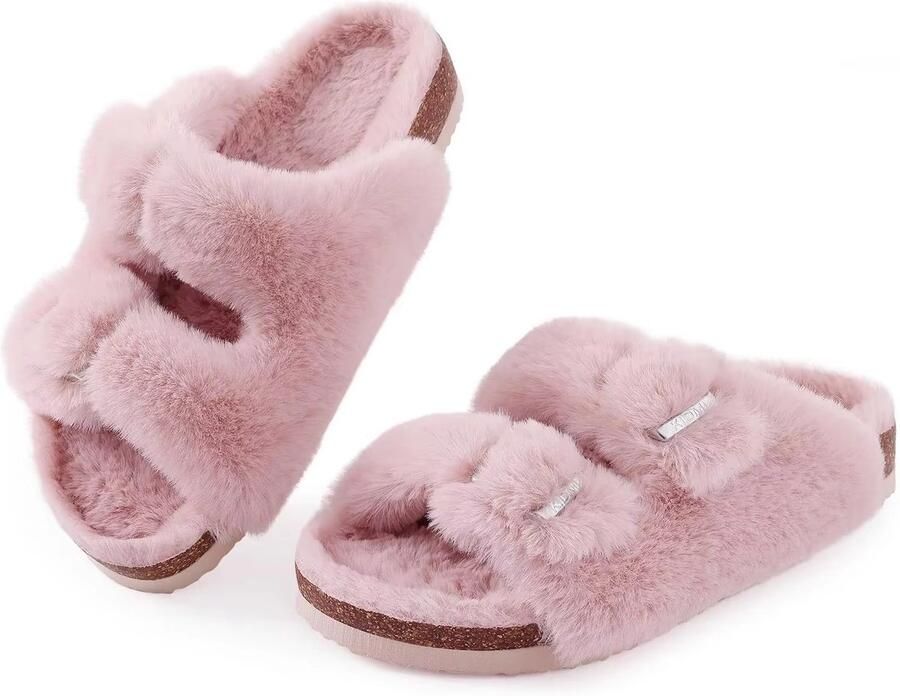 OLANLY Dames slippers nep konijnenvacht pluche slippers comfortabele sloffen kurken inlegzool roze 41 Geschikt voor voeten van