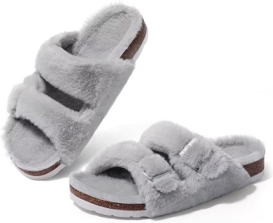 OLANLY Dames slippers nep konijnenvacht pluche slippers comfortabele sloffen kurken inlegzool Lichtgrijs 42 Geschikt voor voeten van