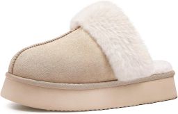 Homaxy Pantoffels Dames Suède Zachte Winterpantoffels Fluffy Open Sloffen met Pluche Voering Dikke zool Abrikoos 36-37 Geschikt voor voetlengte van