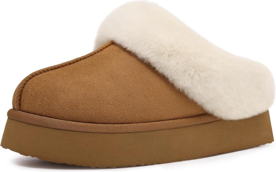 OLANLY Dames Slippers Winterachtige pluche slippers Suède open slippers Khaki 42-43 Geschikt voor voetlengte van