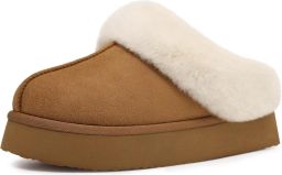 Homaxy Pantoffels Dames Suède Zachte Winterpantoffels Fluffy Open Sloffen met Pluche Voering Dikke zool Khaki 42-43 Geschikt voor voetlengte van