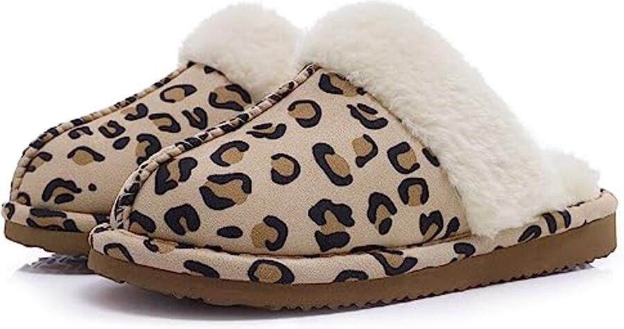 OLANLY Pantoffels Dames Suède Zachte Winterpantoffels Fluffy Open Sloffen met Pluche Voering Luipaardprint 40-41 Geschikt voor een voetlengte van