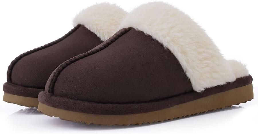 OLANLY Pantoffels Dames Suède Zachte Winterpantoffels Fluffy Open Sloffen met Pluche Voering Kastanjebruin 42-43 Geschikt voor een voetlengte van