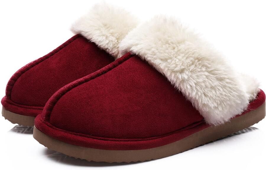 OLANLY Pantoffels Dames Suède Zachte Winterpantoffels Fluffy Open Sloffen met Pluche Voering Wijnrood 40-41 Geschikt voor een voetlengte van
