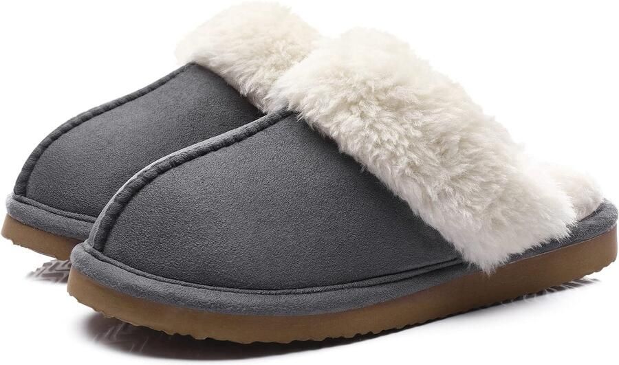 OLANLY Pantoffels Dames Suède Zachte Winterpantoffels Fluffy Open Sloffen met Pluche Voering Grijs 42-43 Geschikt voor een voetlengte van