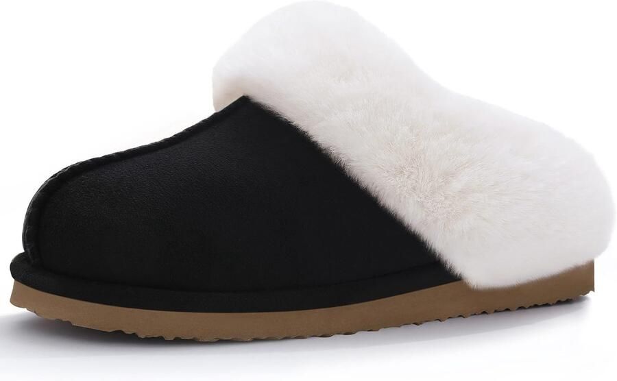OLANLY Pantoffels Dames Suède Zachte Winterpantoffels Fluffy Open Sloffen met Pluche Voering Zwart 46-47 Geschikt voor een voetlengte van