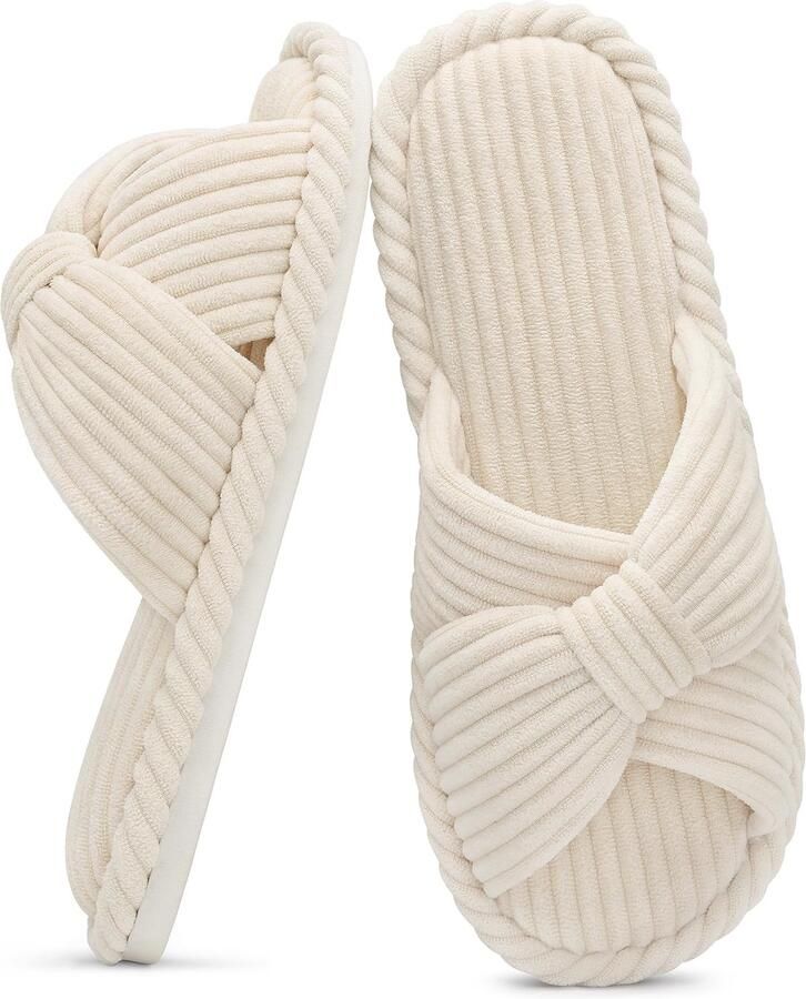 OLANLY Sloffen Corduroy slippers Open teenslippers Pantoffels voor dames met memory foam beige 250 Geschikt voor een voetlengte van