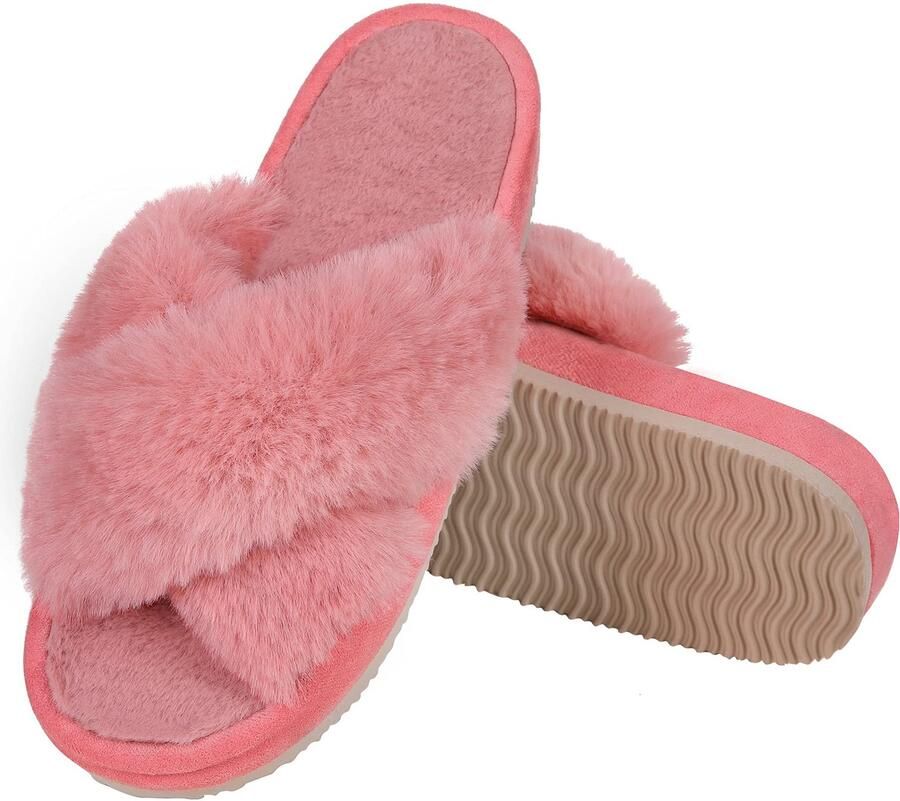 OLANLY Sloffen Dames slippers Nep-schapenvacht slippers Open schoenen watermeloenrood 44 45 Geschikt voor een voetlengte van