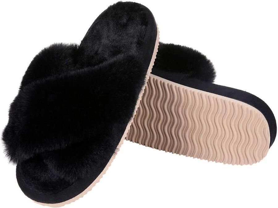 OLANLY Sloffen Dames slippers Nep-schapenvacht slippers Open schoenen zwart 44 45 Geschikt voor een voetlengte van