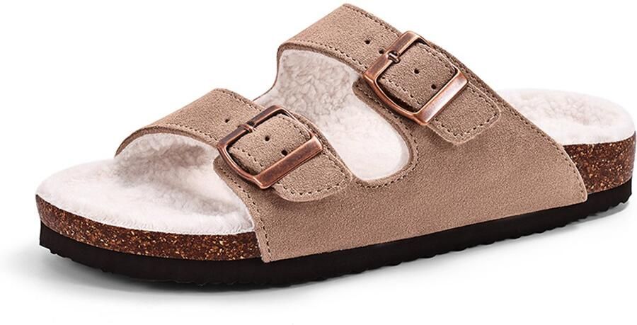 OLANLY uniseks sandalen suède nep-lammy slippers houten klompen abrikoos 39 Geschikt voor een voetlengte van