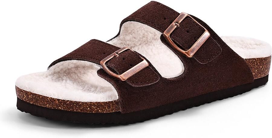 OLANLY uniseks sandalen suède nep-lammy slippers houten klompen bruin 37 Geschikt voor een voetlengte van