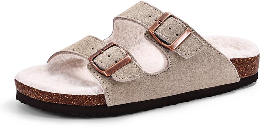 OLANLY uniseks sandalen suède nep-lammy slippers houten klompen grijs 41 Geschikt voor een voetlengte van