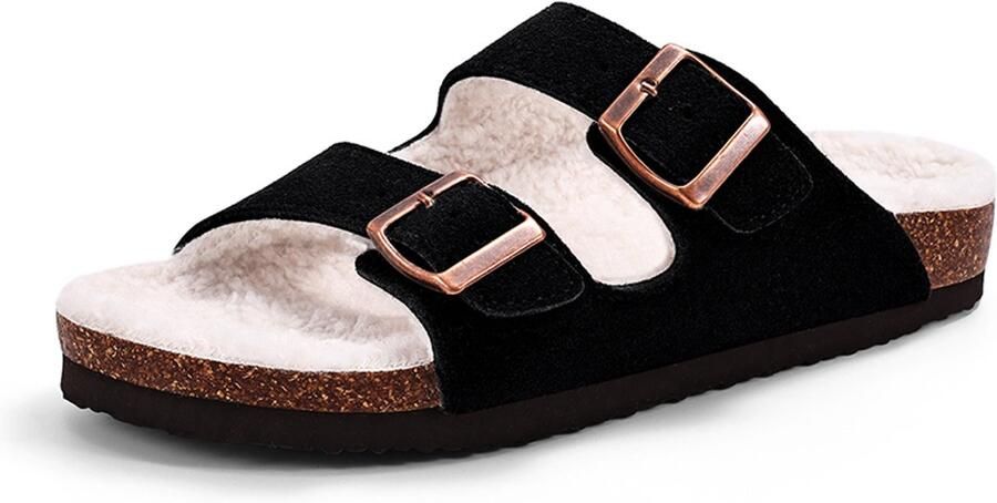 OLANLY uniseks sandalen suède nep-lammy slippers houten klompen zwart 37- Geschikt voor een voetlengte van