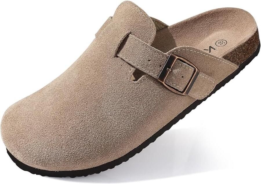 OLANLY Unisex clogs Koe suède Comfort slippers Houten clogs Mocca kl Geschikt voor een voetlengte van - Foto 1
