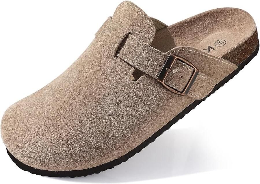 OLANLY Unisex clogs Koe suède Comfort slippers Houten clogs Koffie 44- Geschikt voor een voetlengte van - Foto 1